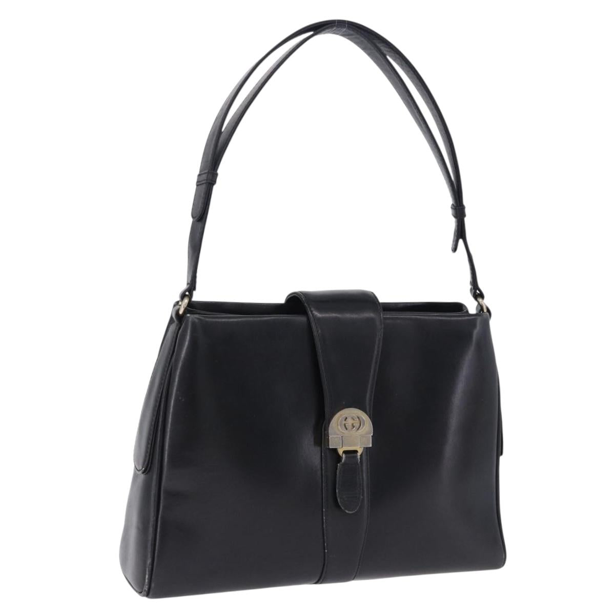 GUCCI Shoulder Bag Leather Black Gold Auth 199689