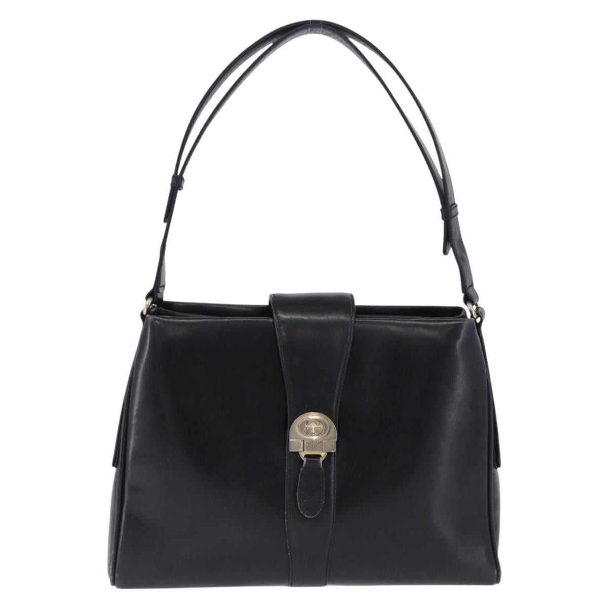 GUCCI Shoulder Bag Leather Black Gold Auth 199689