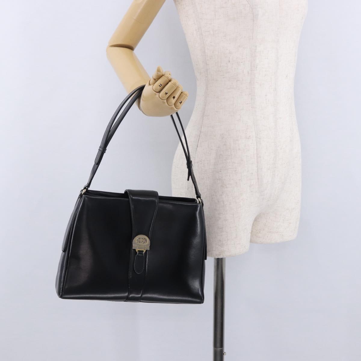 GUCCI Shoulder Bag Leather Black Gold Auth 199689