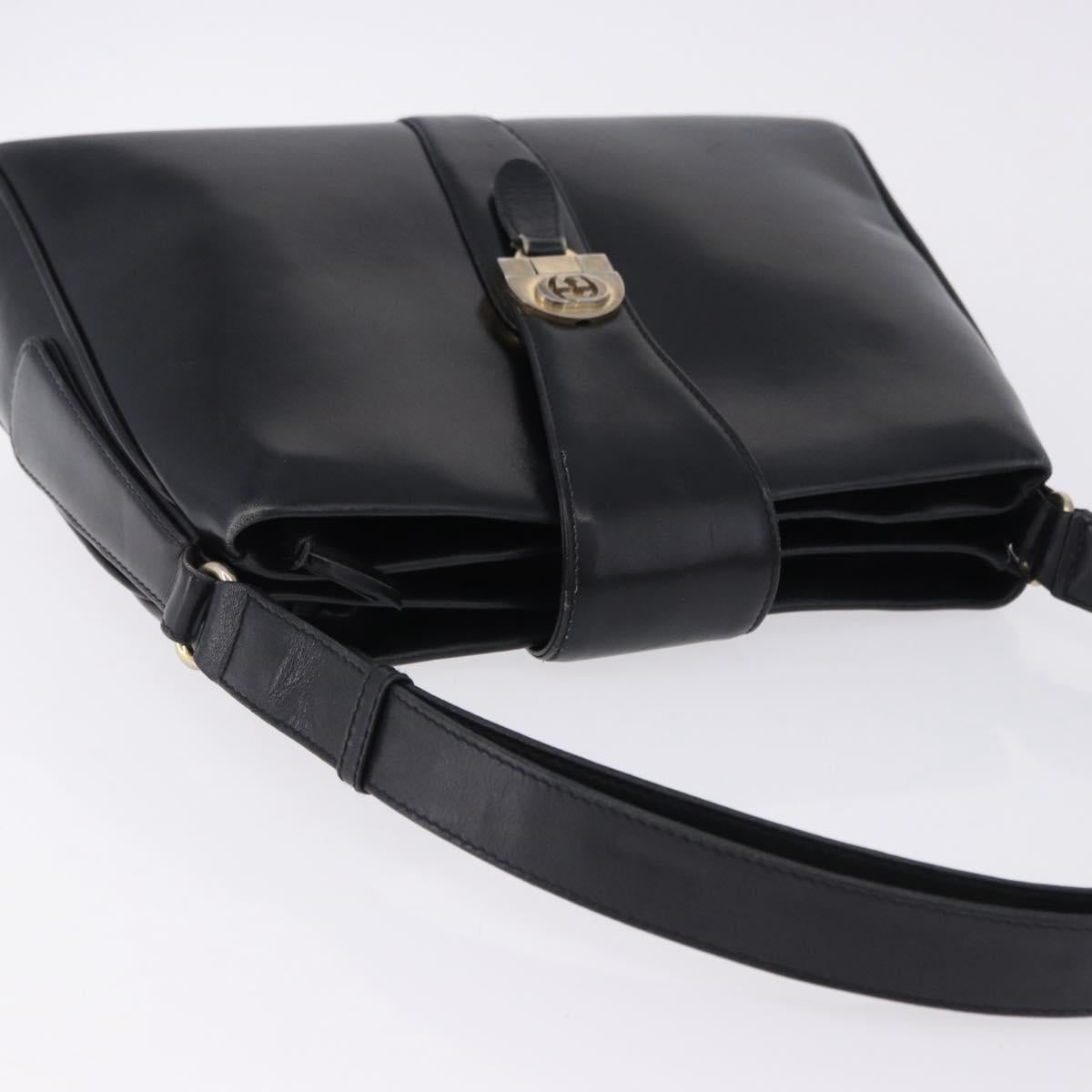 GUCCI Shoulder Bag Leather Black Gold Auth 199689
