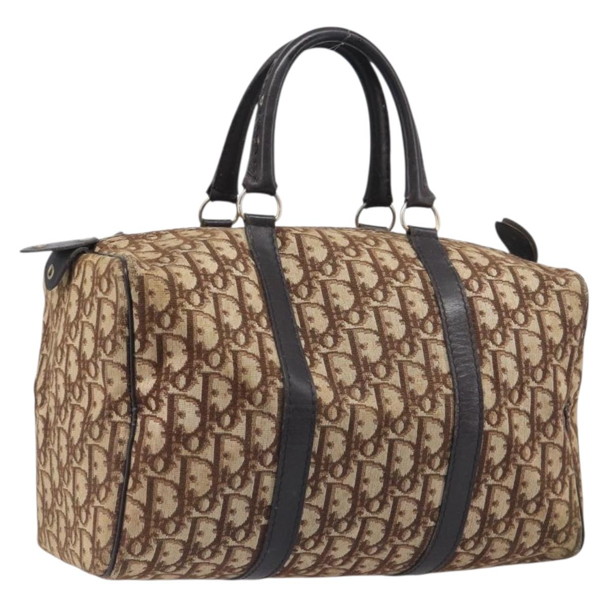 Christian Dior Trotter Canvas Boston Bag Beige Gold Auth 199799