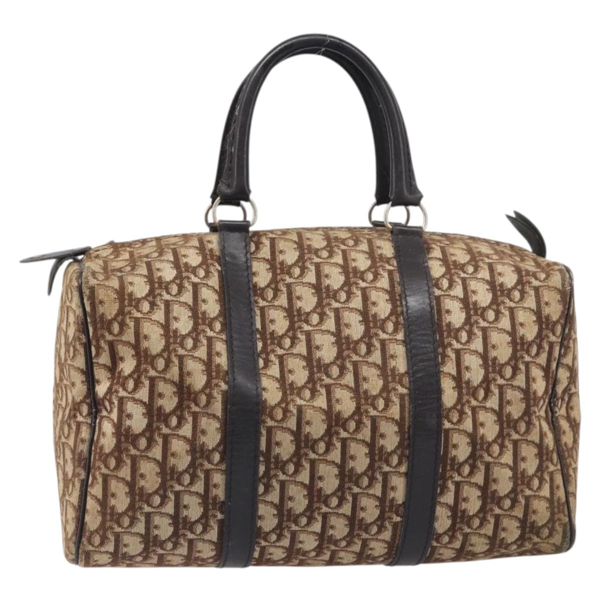 Christian Dior Trotter Canvas Boston Bag Beige Gold Auth 199799