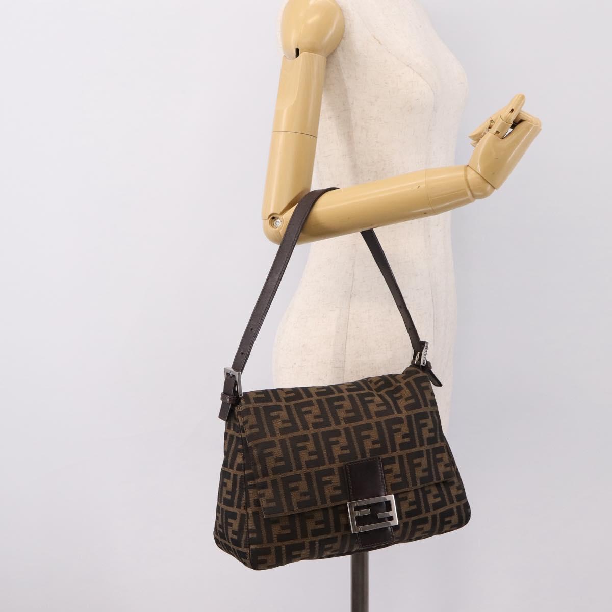 FENDI Zucca Canvas Mamma Baguette Shoulder Bag Brown Silver Auth 199802V