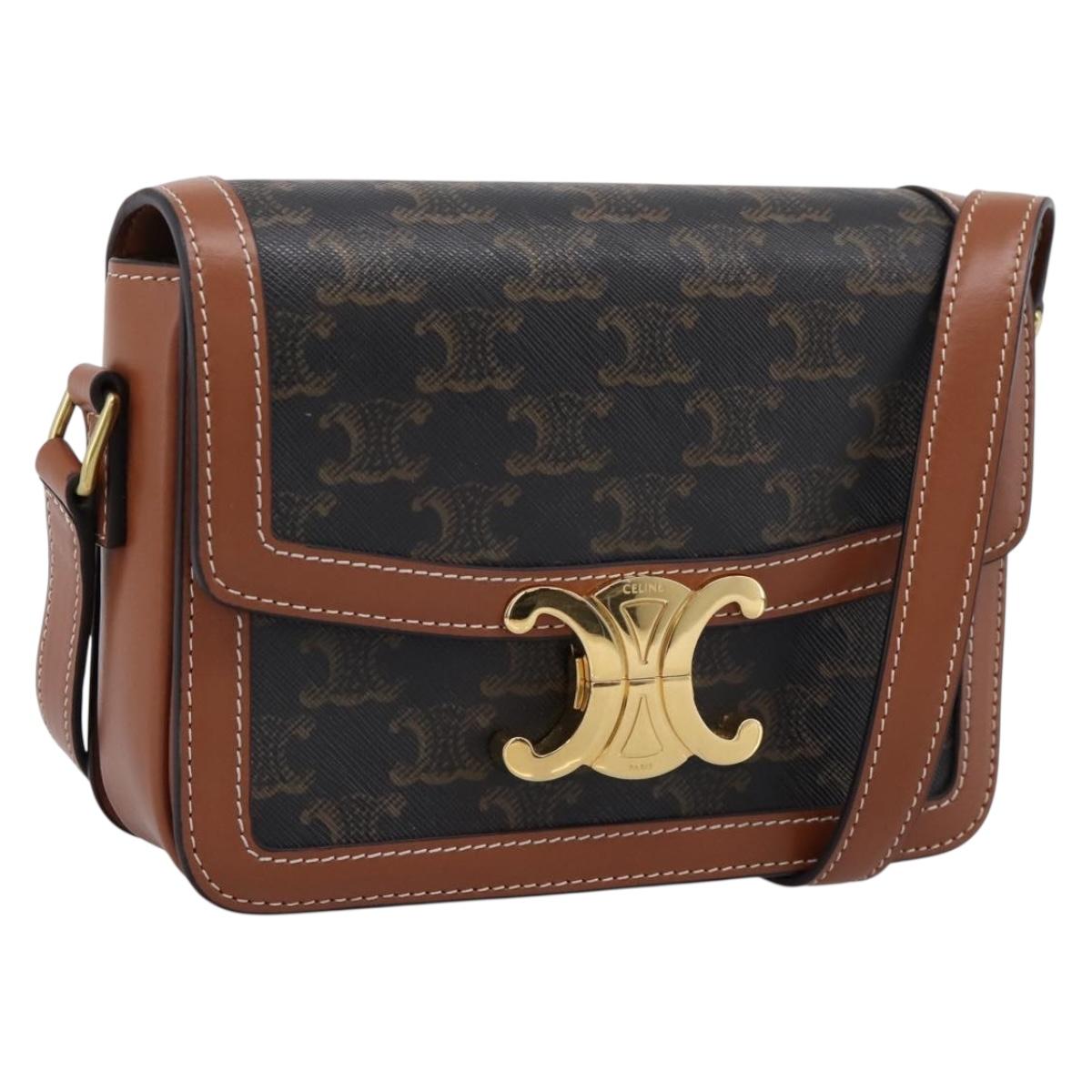 CELINE Triomphe Shoulder Bag PVC Leather Brown Gold Tone Auth 199806SM