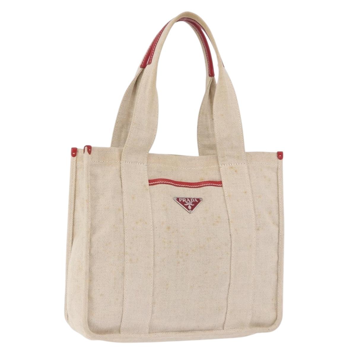 PRADA Tote Bag Canvas Beige Red Auth 199809