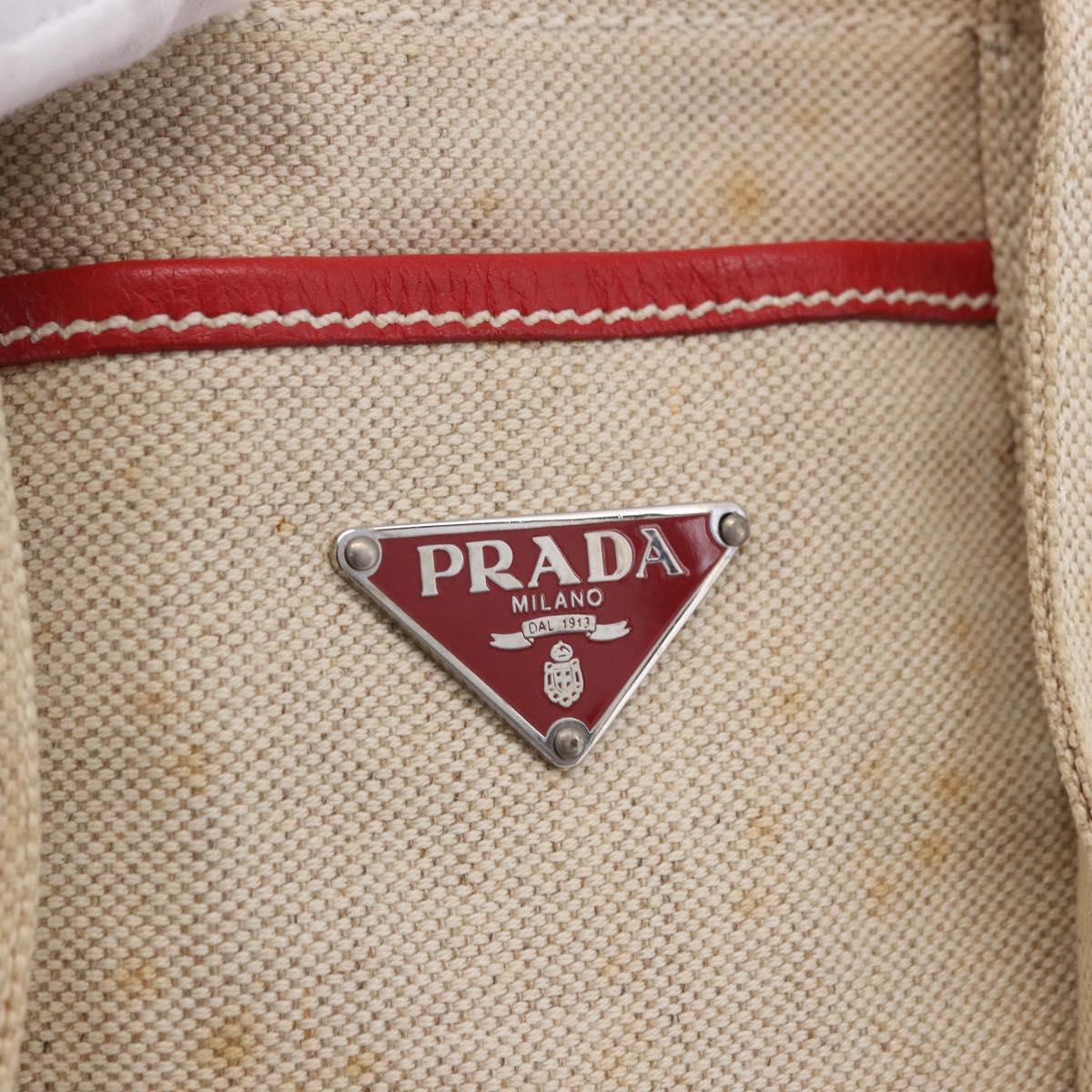 PRADA Tote Bag Canvas Beige Red Auth 199809