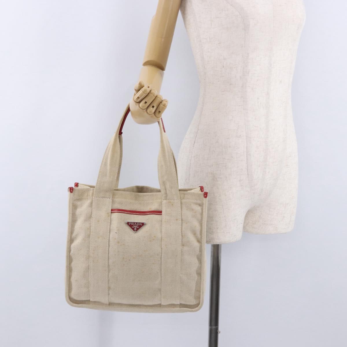 PRADA Tote Bag Canvas Beige Red Auth 199809