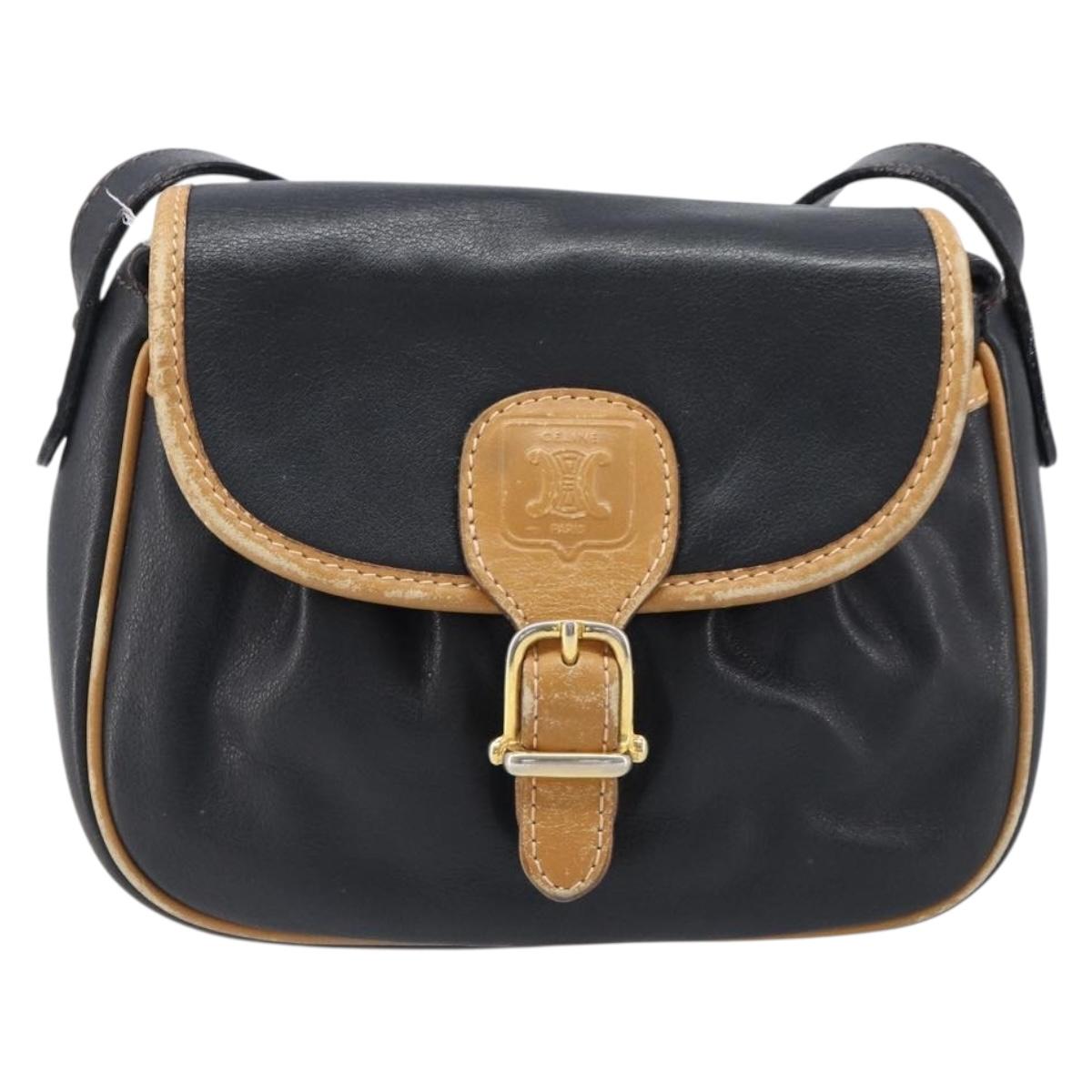 CELINE Shoulder Bag Leather Black Gold Auth 199823