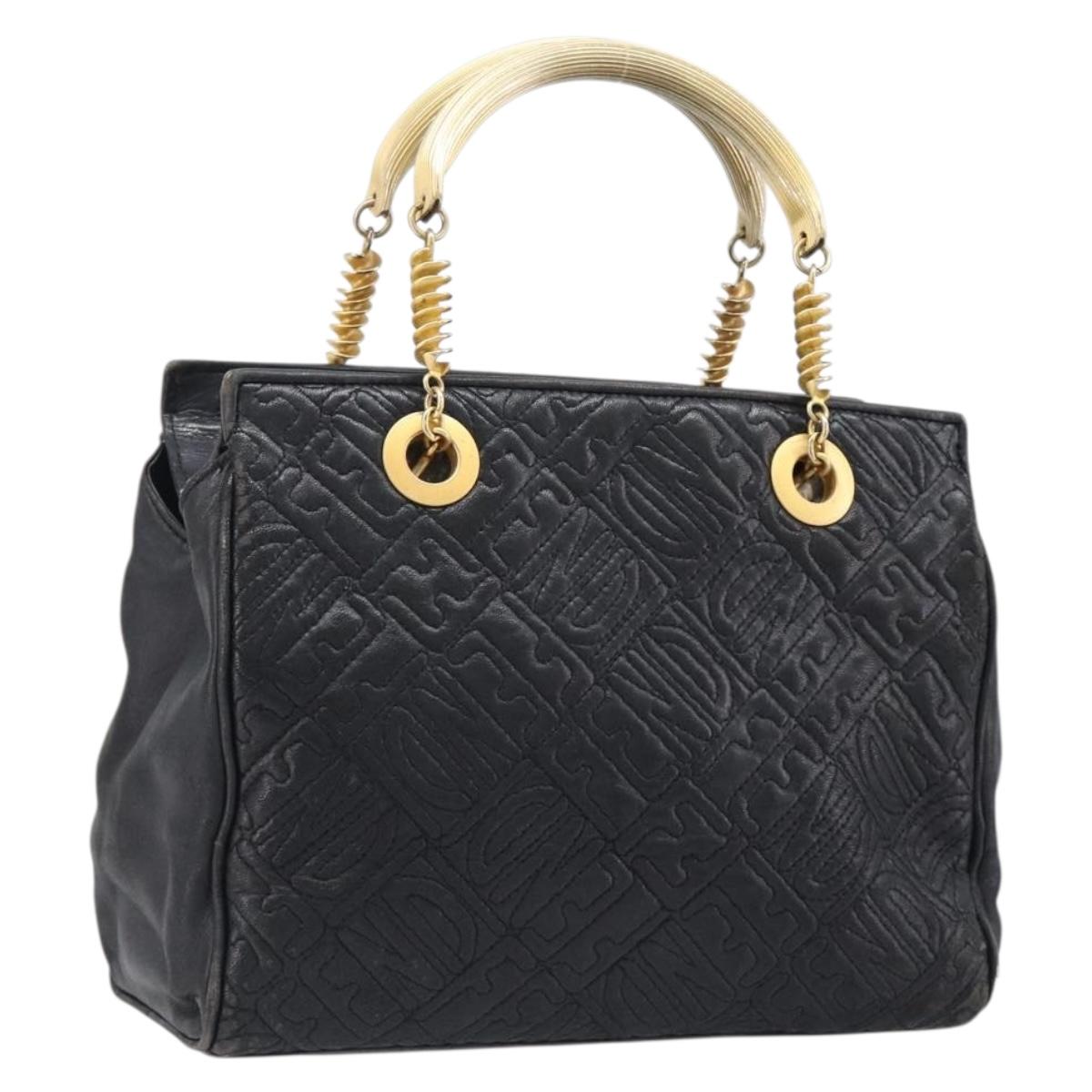 FENDI Macaroni Hand Bag Leather Black Gold Auth 199827
