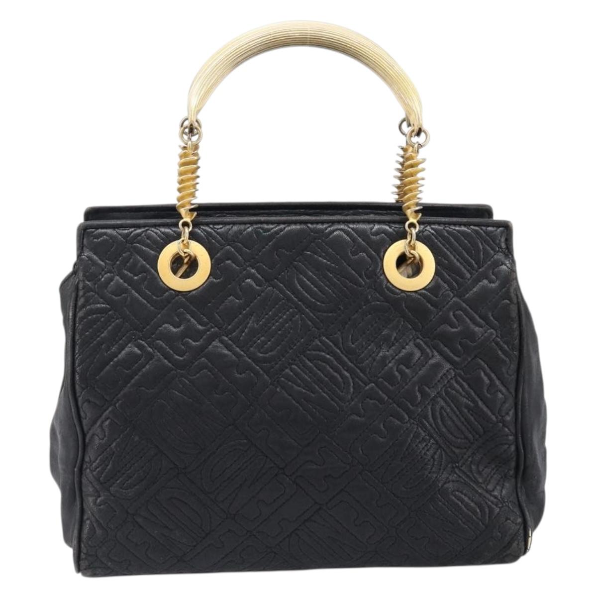 FENDI Macaroni Hand Bag Leather Black Gold Auth 199827