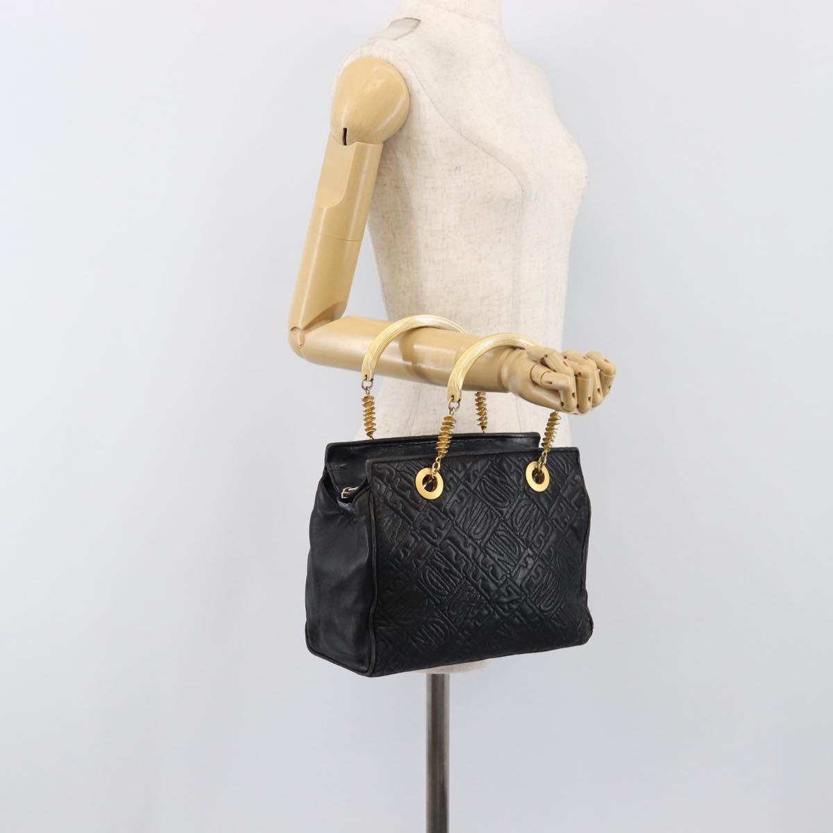 FENDI Macaroni Hand Bag Leather Black Gold Auth 199827