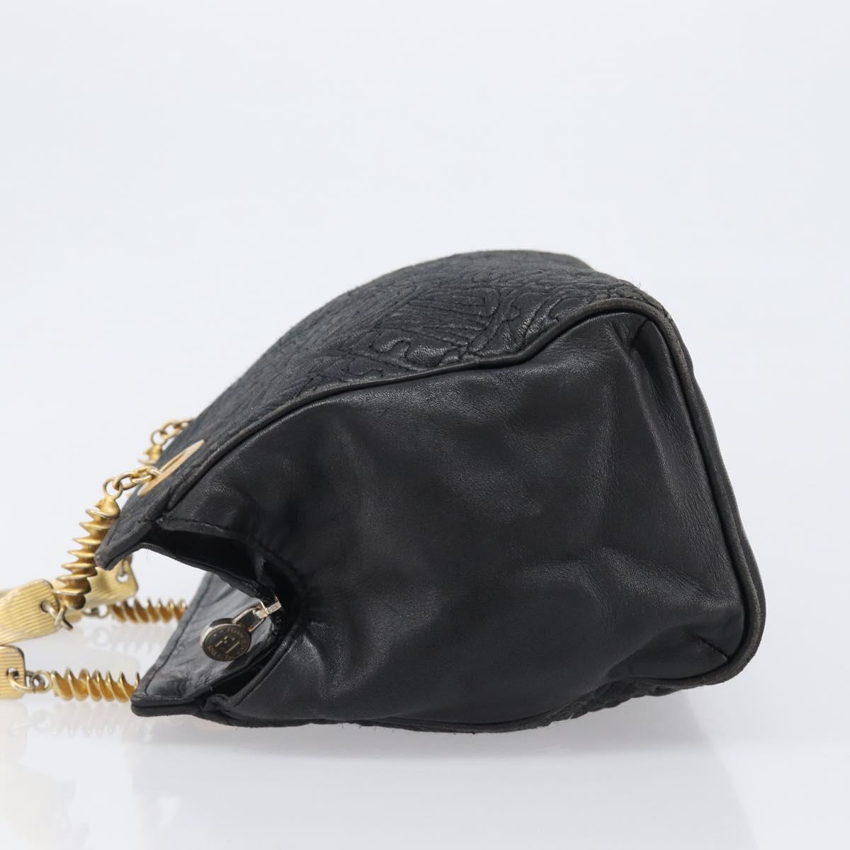 FENDI Macaroni Hand Bag Leather Black Gold Auth 199827