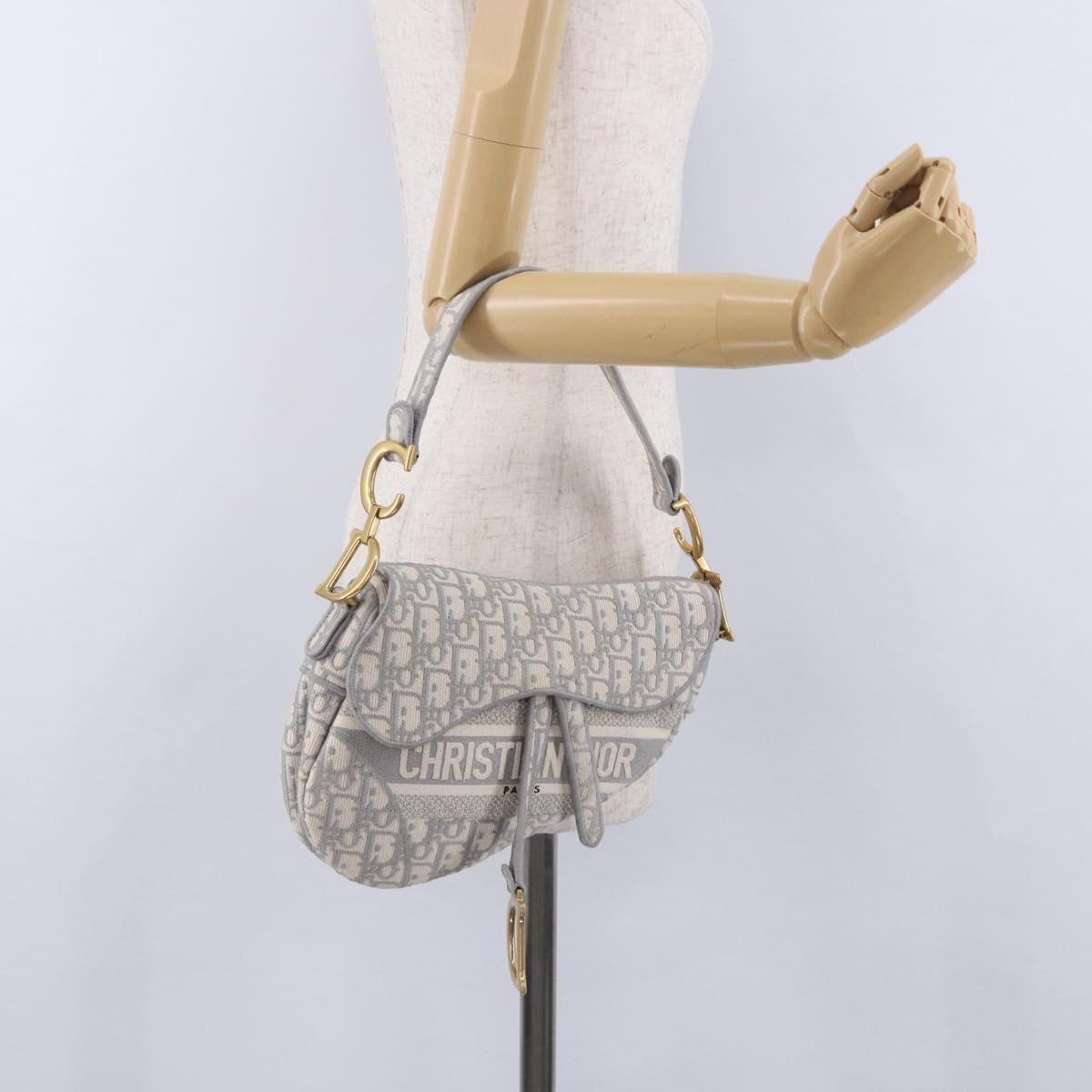 Christian Dior Trotter Canvas Saddle Oblique Bag Gray Gold Auth 199836SM