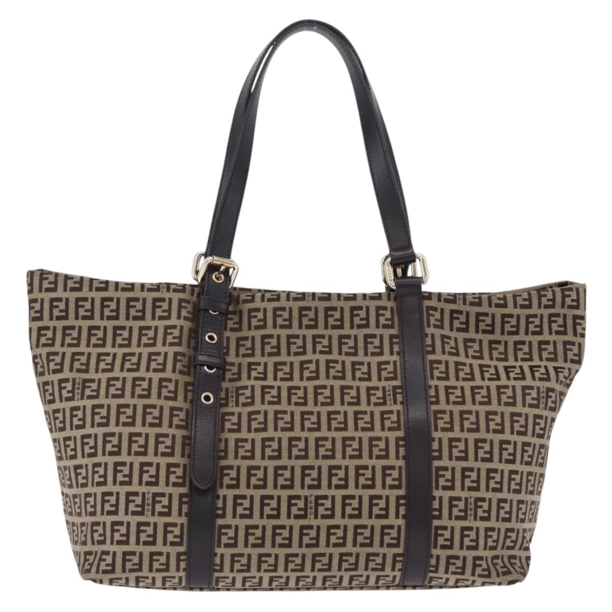 FENDI Zucchino Canvas Tote Bag Beige Gold Auth 199839V