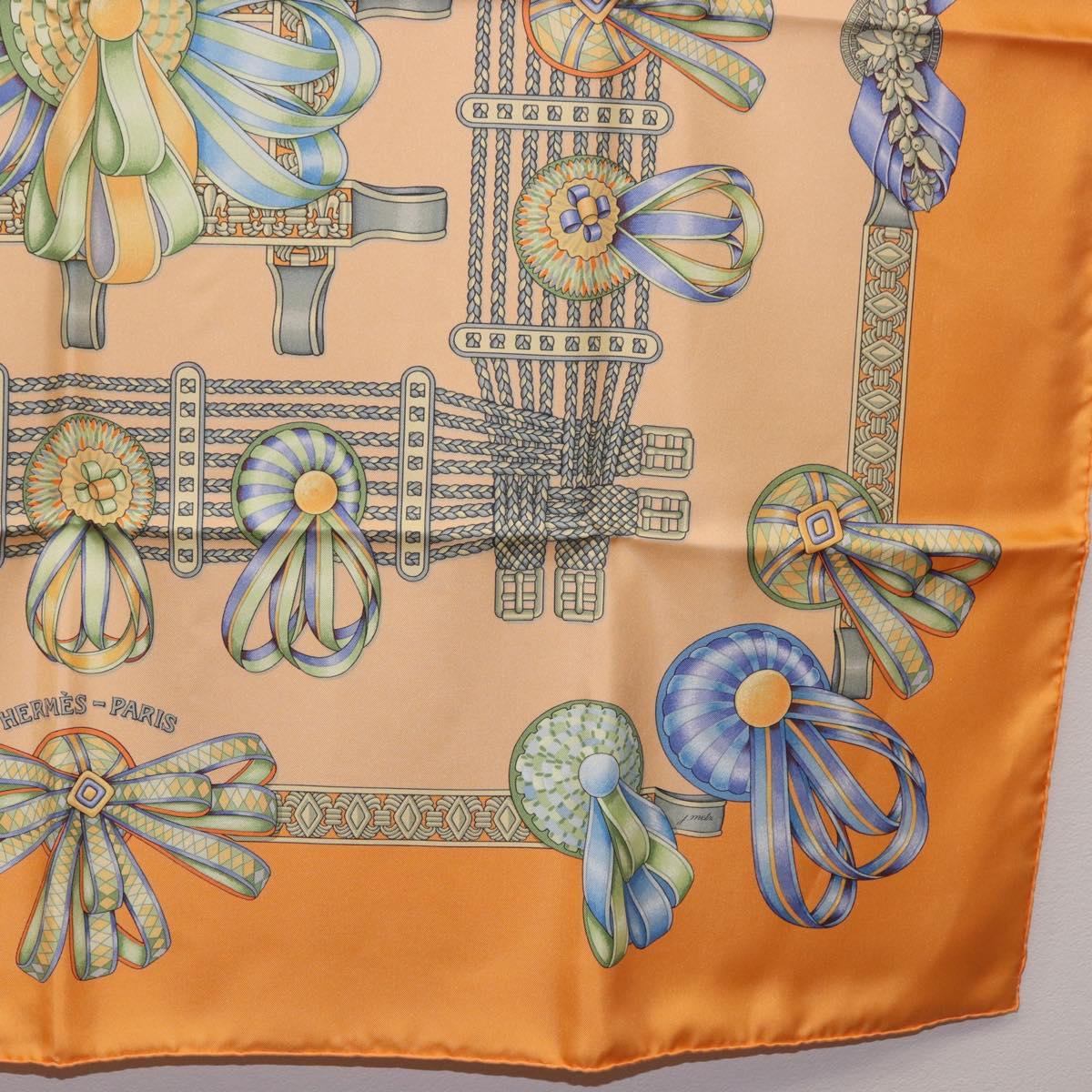 HERMES Carre 90 Scarf Silk ""LES RUBANS DU CHEVAL"" Orange Auth 199852M