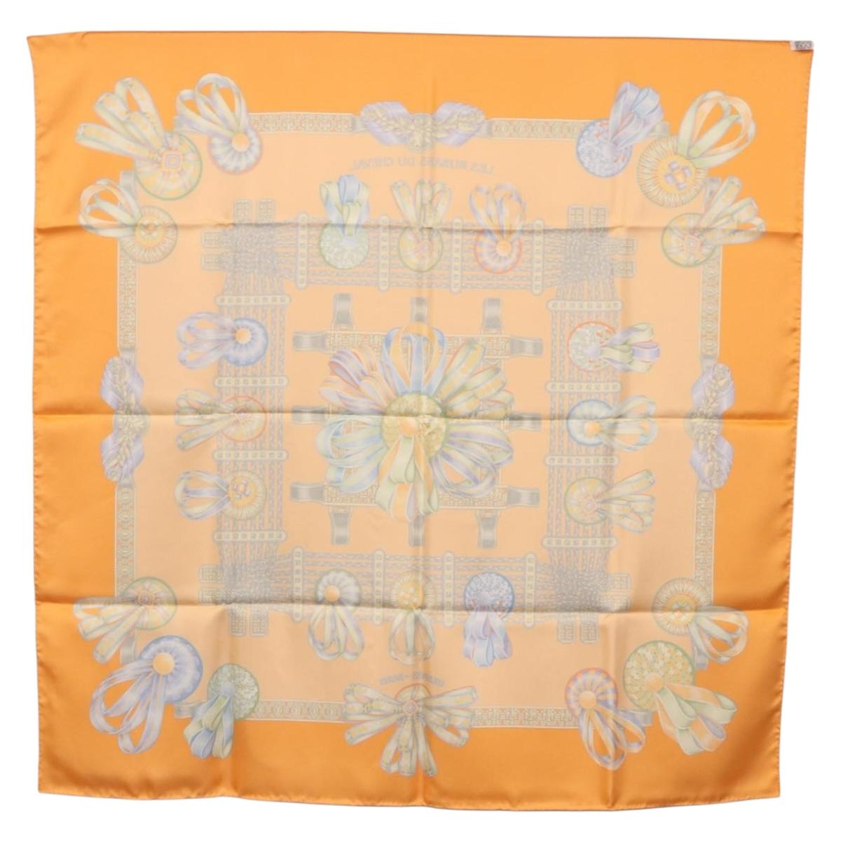 HERMES Carre 90 Scarf Silk ""LES RUBANS DU CHEVAL"" Orange Auth 199852M