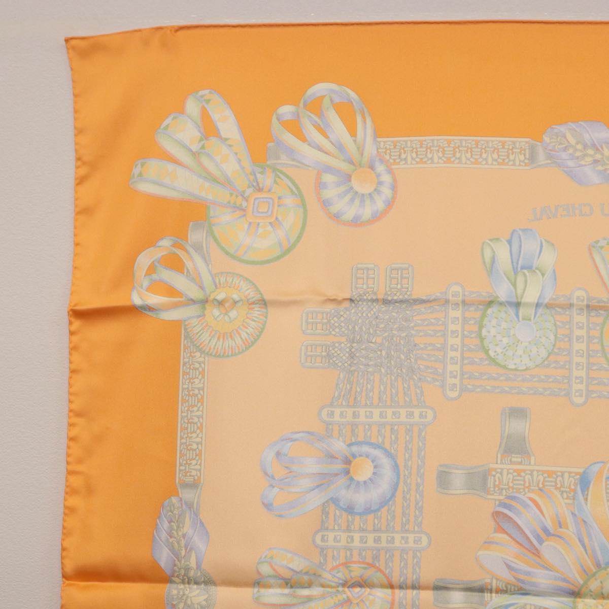 HERMES Carre 90 Scarf Silk ""LES RUBANS DU CHEVAL"" Orange Auth 199852M