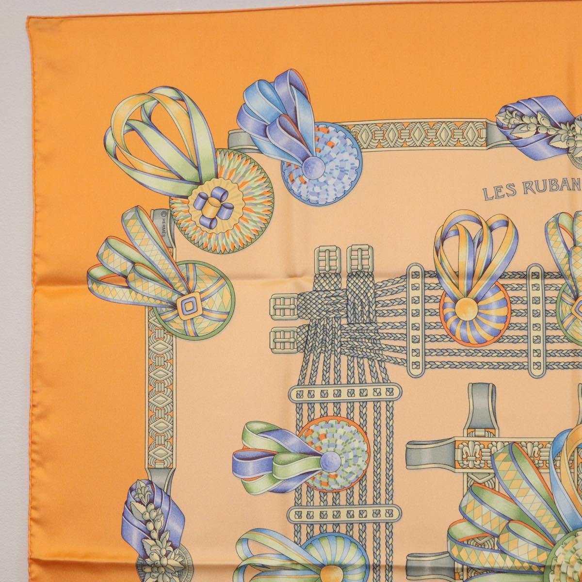 HERMES Carre 90 Scarf Silk ""LES RUBANS DU CHEVAL"" Orange Auth 199852M