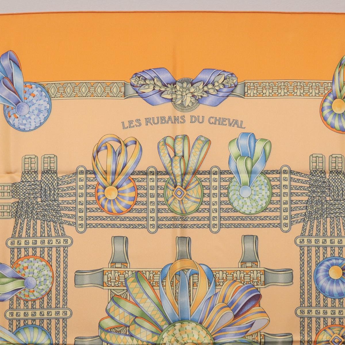 HERMES Carre 90 Scarf Silk ""LES RUBANS DU CHEVAL"" Orange Auth 199852M