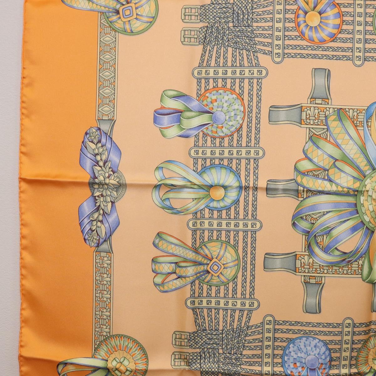 HERMES Carre 90 Scarf Silk ""LES RUBANS DU CHEVAL"" Orange Auth 199852M