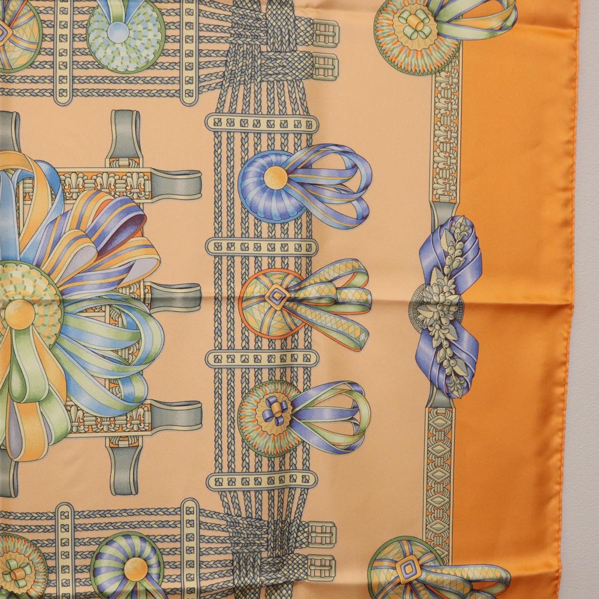 HERMES Carre 90 Scarf Silk ""LES RUBANS DU CHEVAL"" Orange Auth 199852M