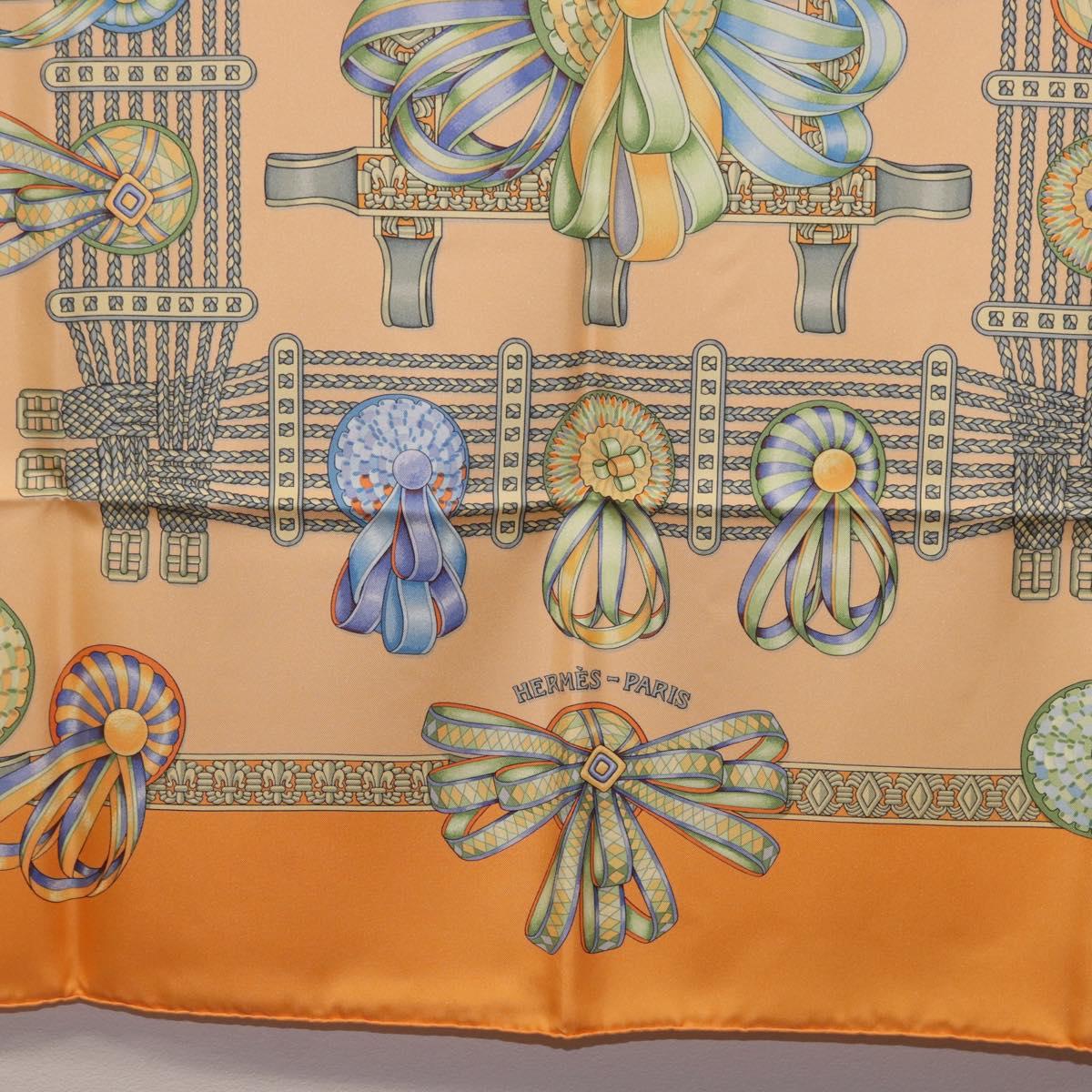 HERMES Carre 90 Scarf Silk ""LES RUBANS DU CHEVAL"" Orange Auth 199852M