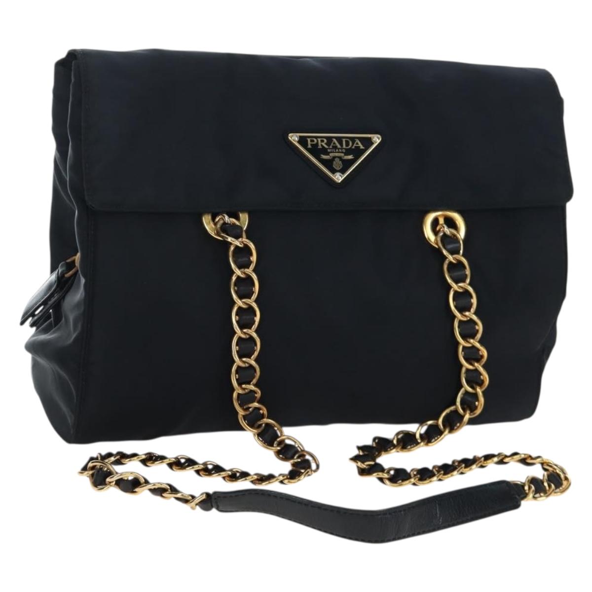 PRADA Chain Shoulder Bag Nylon Black Gold Auth 199857V