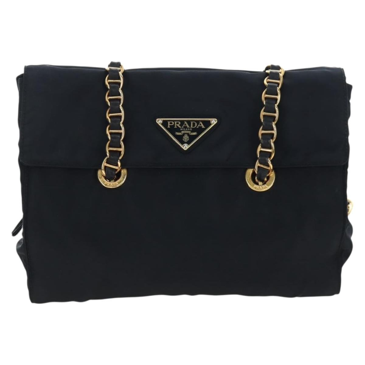 PRADA Chain Shoulder Bag Nylon Black Gold Auth 199857V