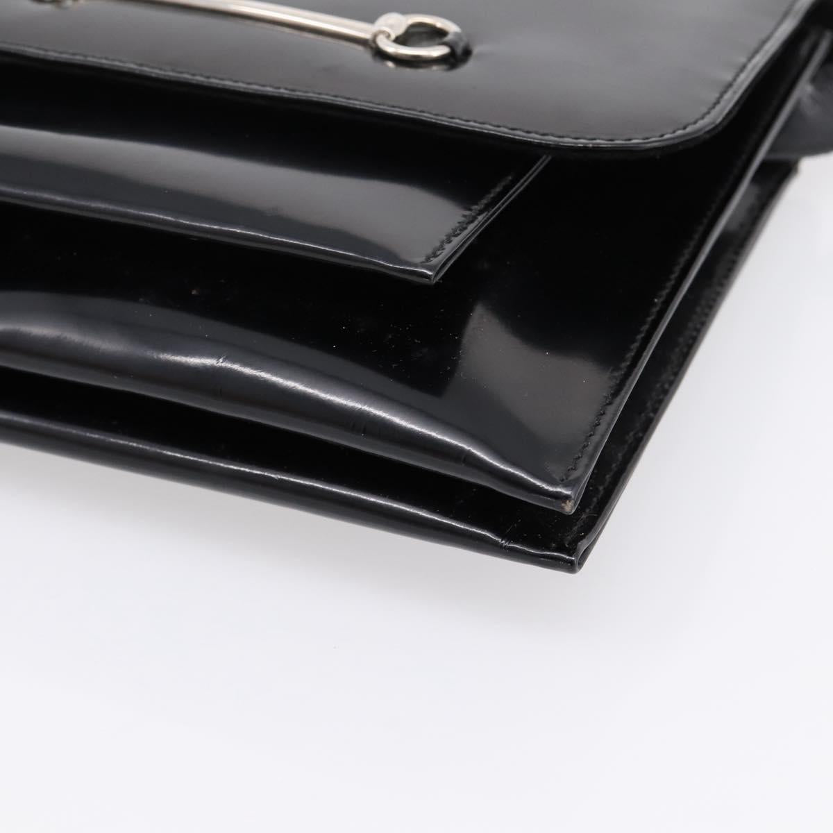 GUCCI Horsebit Shoulder Bag Patent leather Black Silver Auth 199860