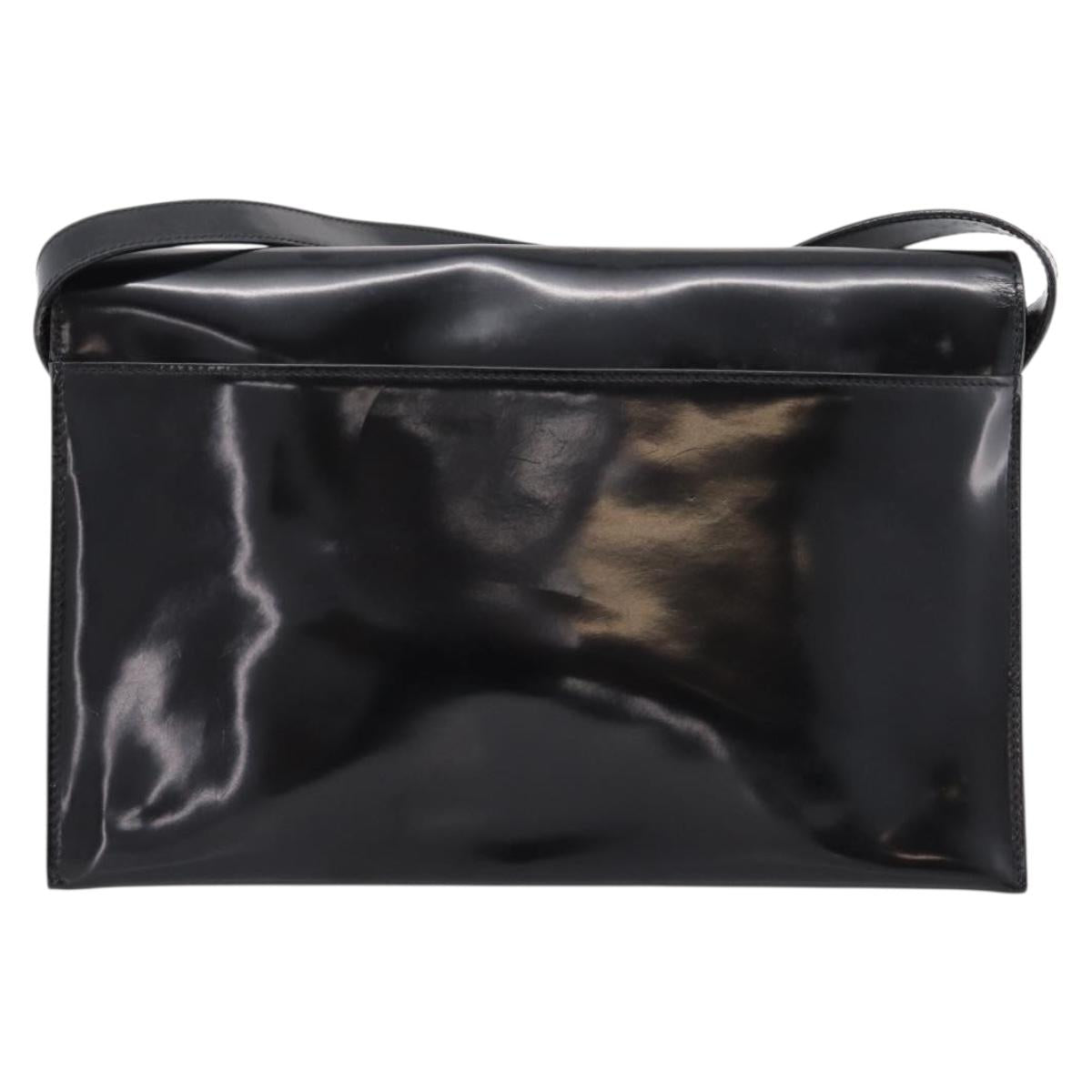 GUCCI Horsebit Shoulder Bag Patent leather Black Silver Auth 199860