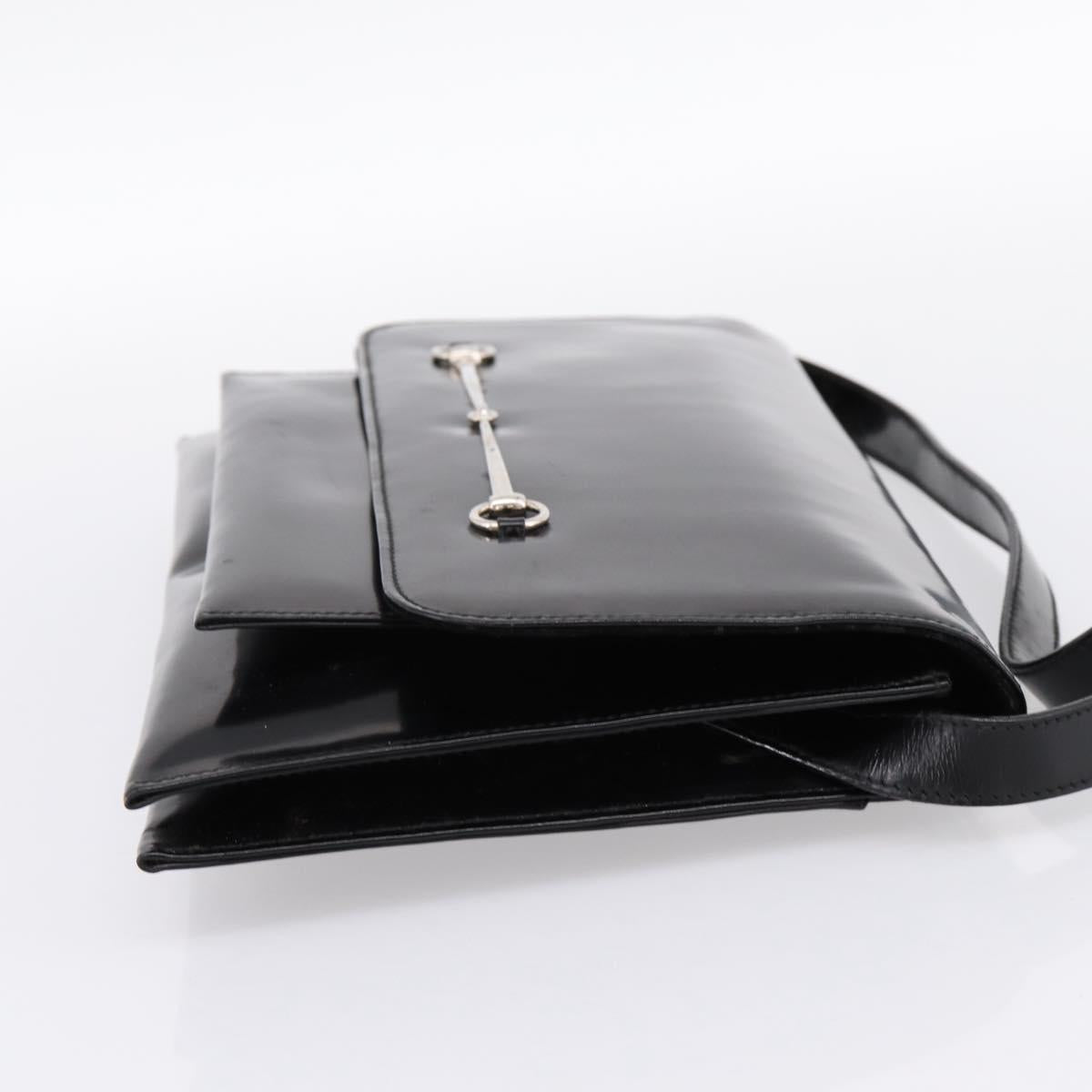 GUCCI Horsebit Shoulder Bag Patent leather Black Silver Auth 199860