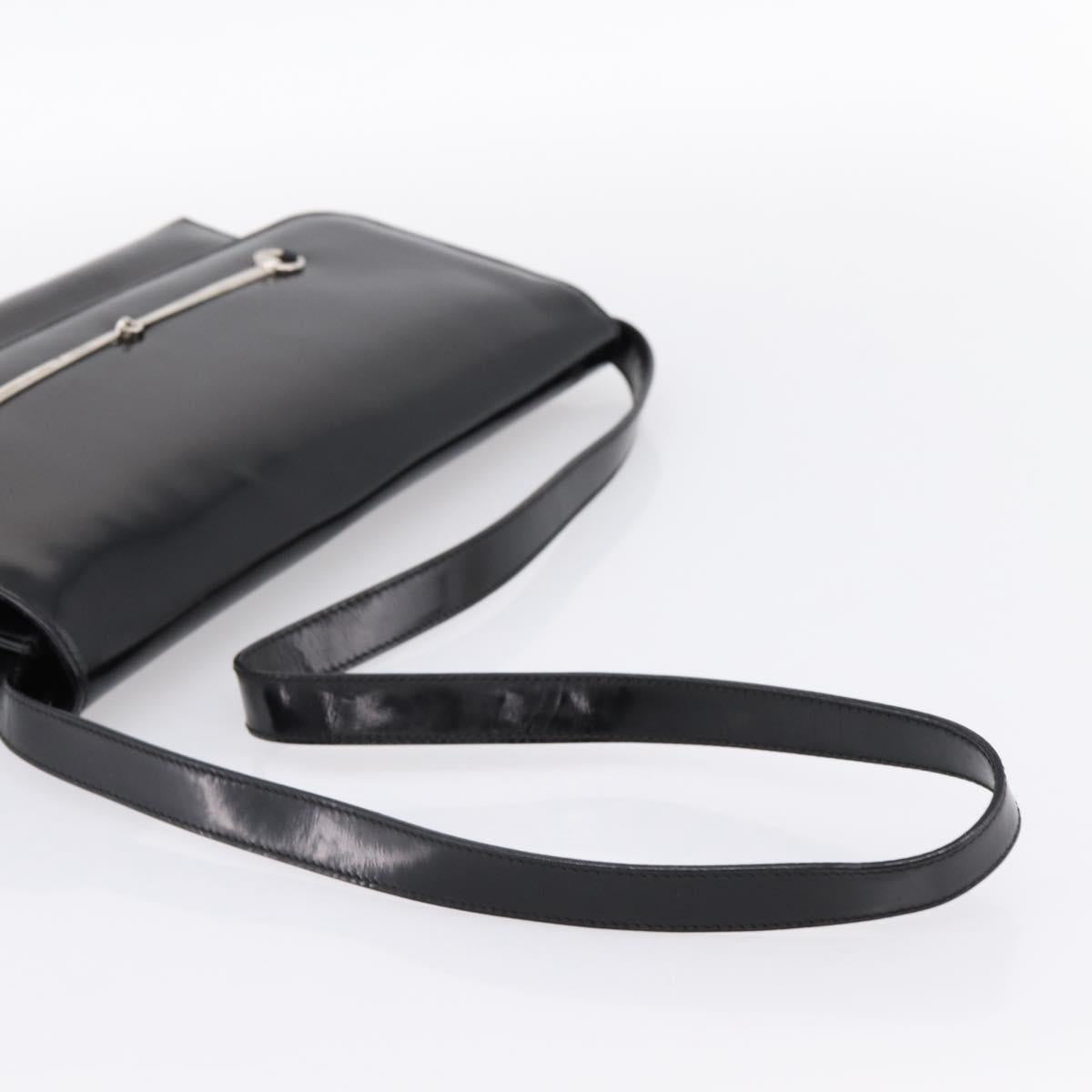 GUCCI Horsebit Shoulder Bag Patent leather Black Silver Auth 199860