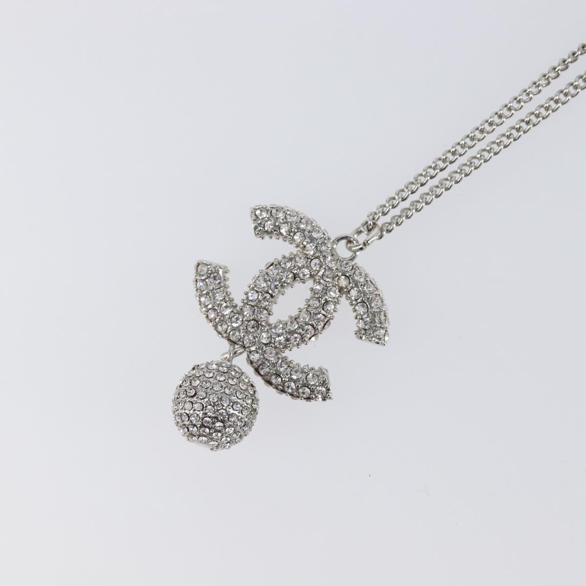 CHANEL Rhinestone Necklace metal Silver CC Auth 199879M