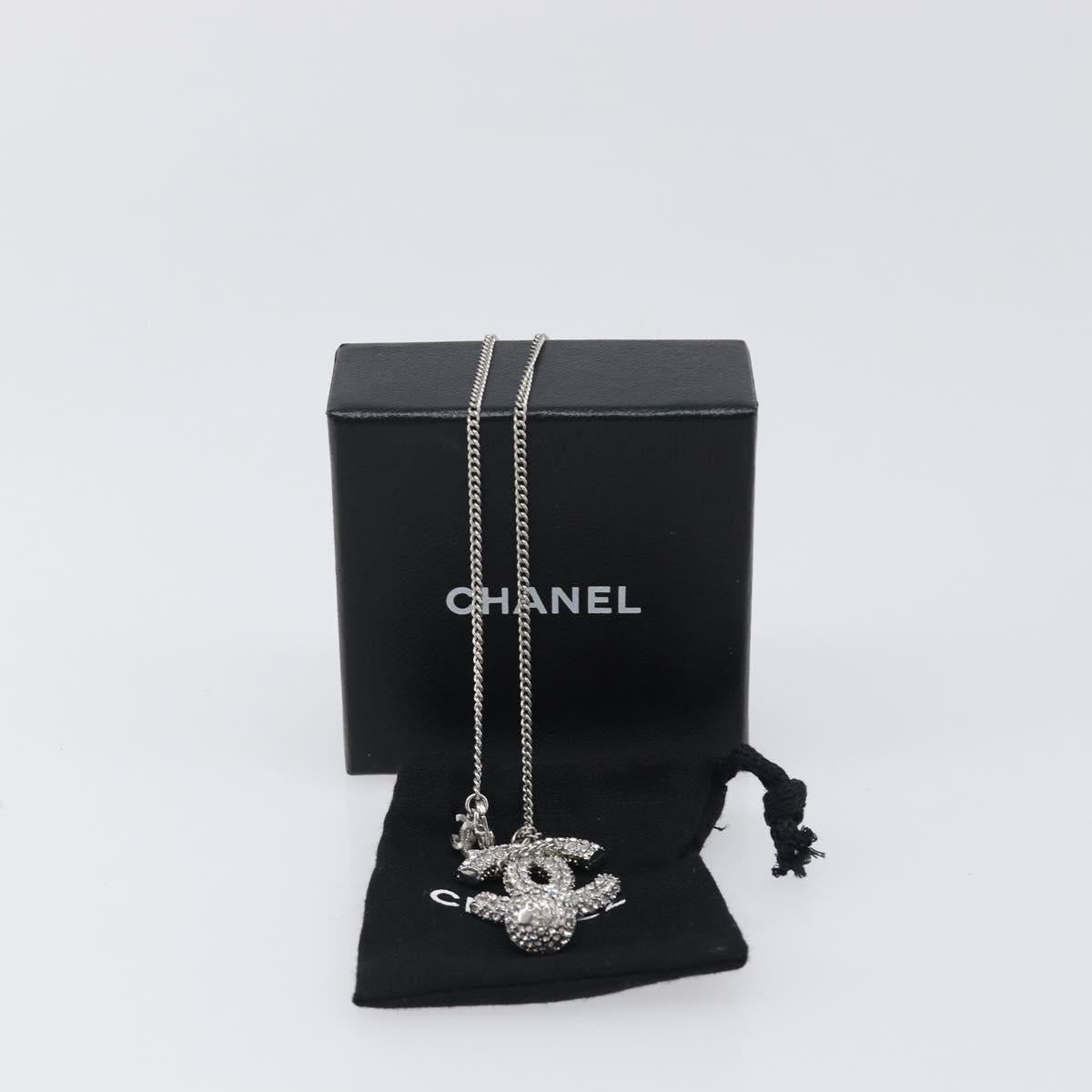 CHANEL Rhinestone Necklace metal Silver CC Auth 199879M