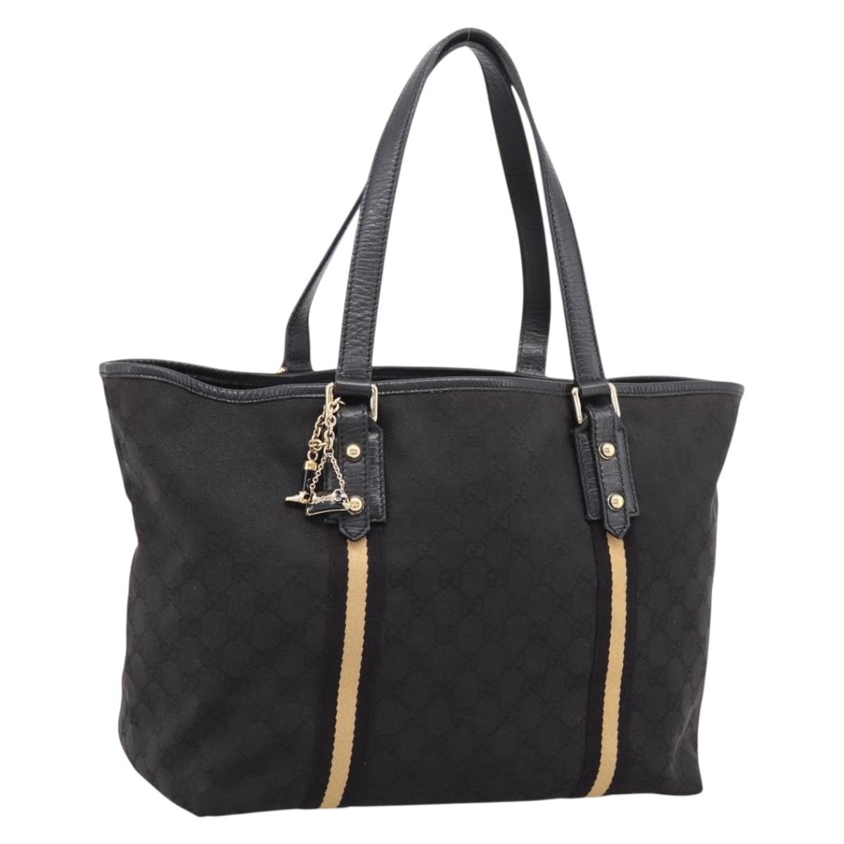 GUCCI GG Canvas Sherry Line Tote Bag Black Gold 139260 Auth 199881