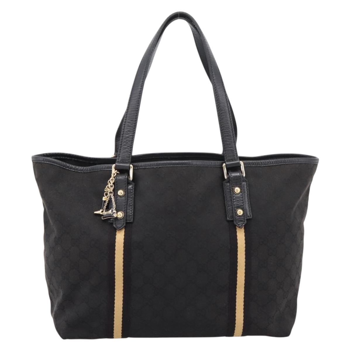 GUCCI GG Canvas Sherry Line Tote Bag Black Gold 139260 Auth 199881