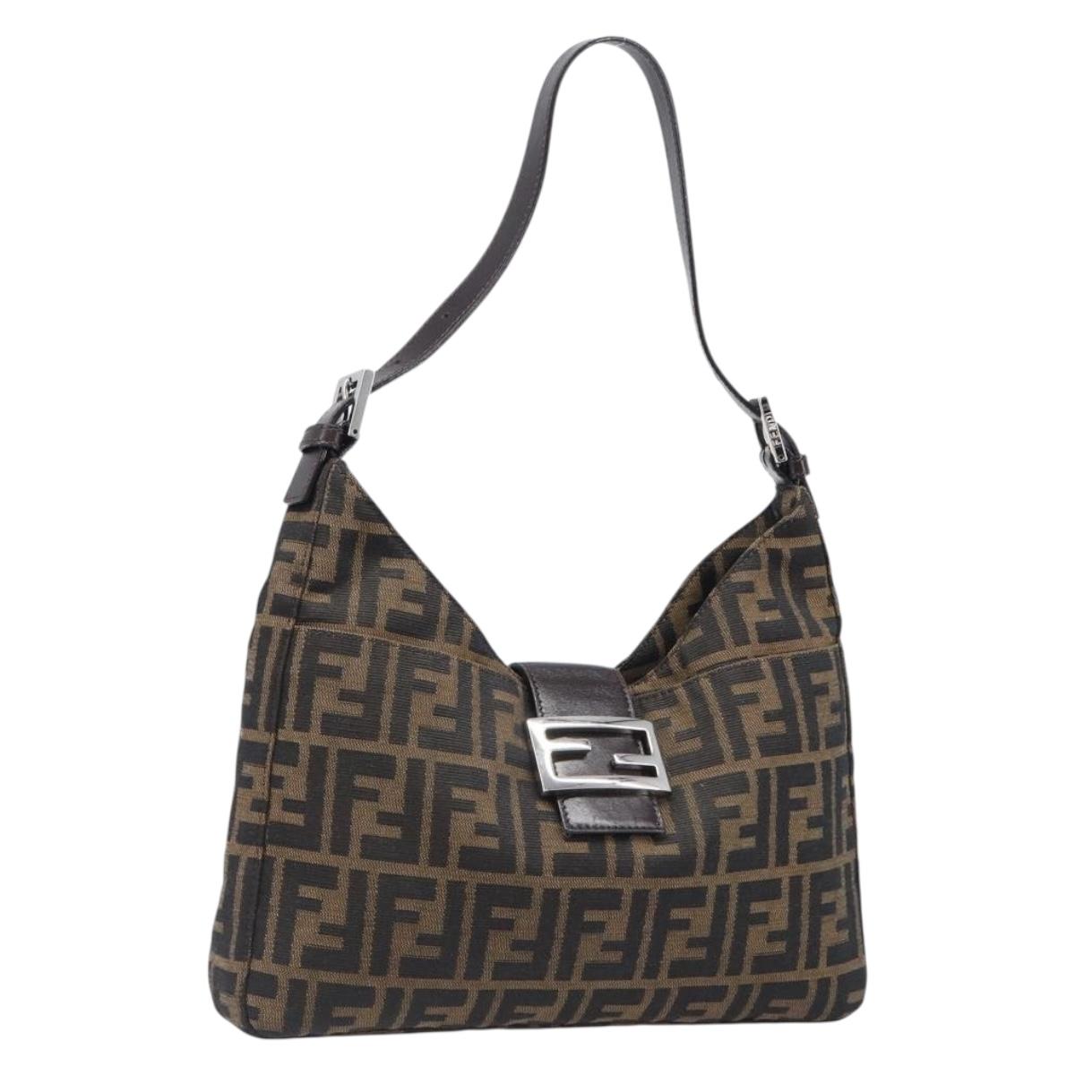 FENDI Zucca Canvas Mamma Baguette Shoulder Bag Black Brown Auth 199886V