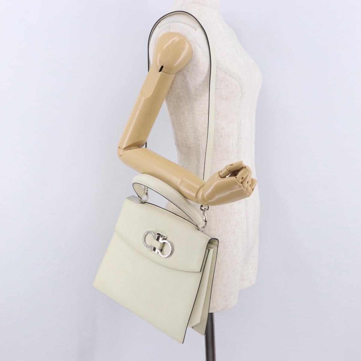 Salvatore Ferragamo Hand Bag Leather 2way Ivory Silver Auth 199898