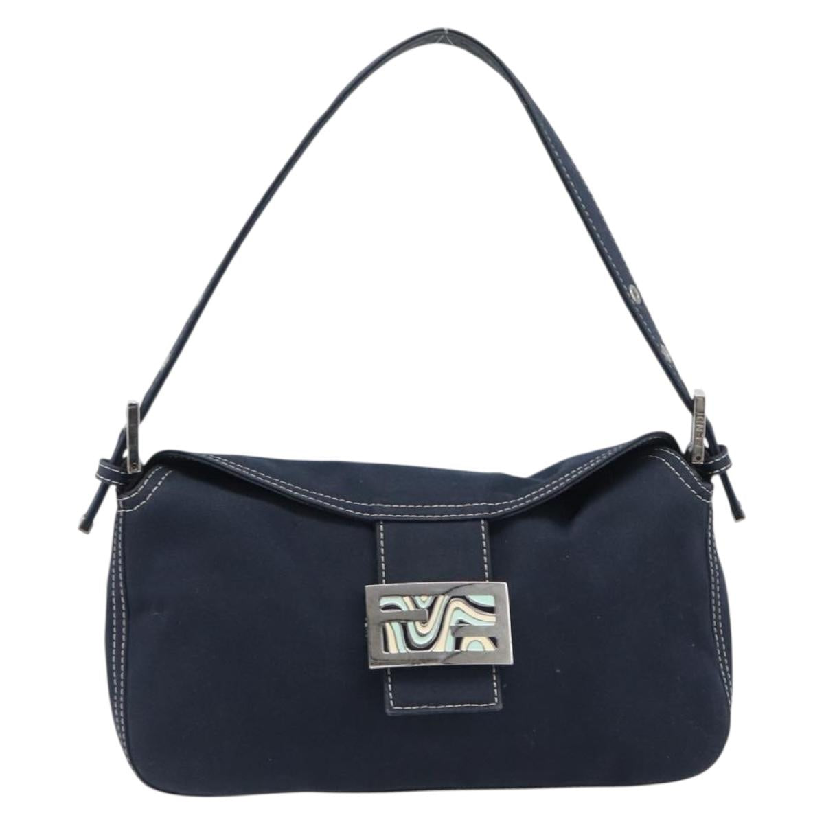 FENDI Mamma Baguette Shoulder Bag Canvas Navy Silver Auth 199899A