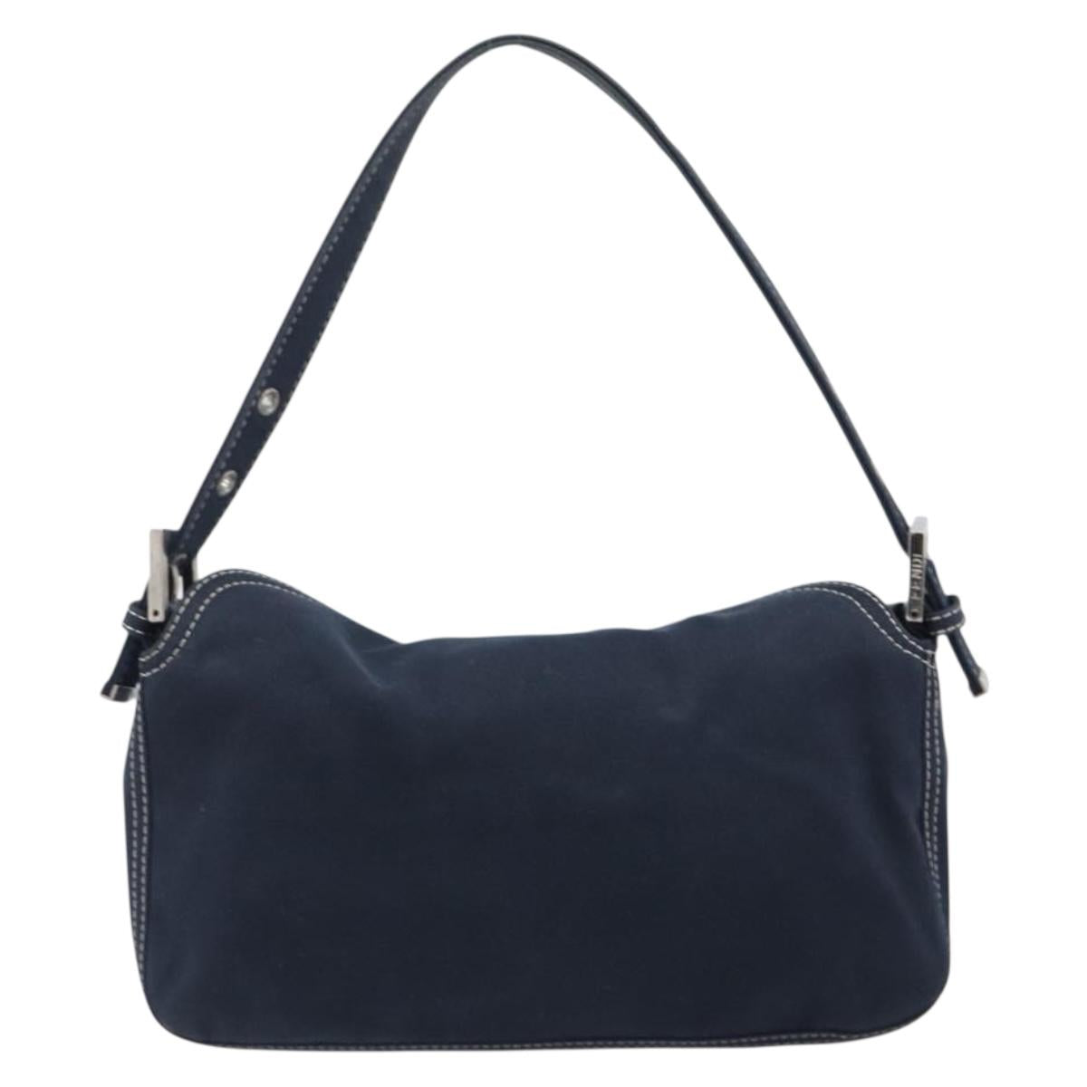 FENDI Mamma Baguette Shoulder Bag Canvas Navy Silver Auth 199899A
