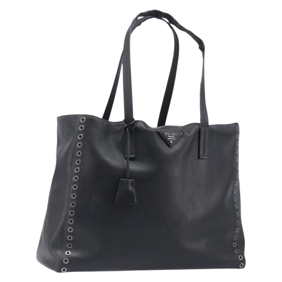 PRADA Tote Bag Leather Black Silver Auth 199907