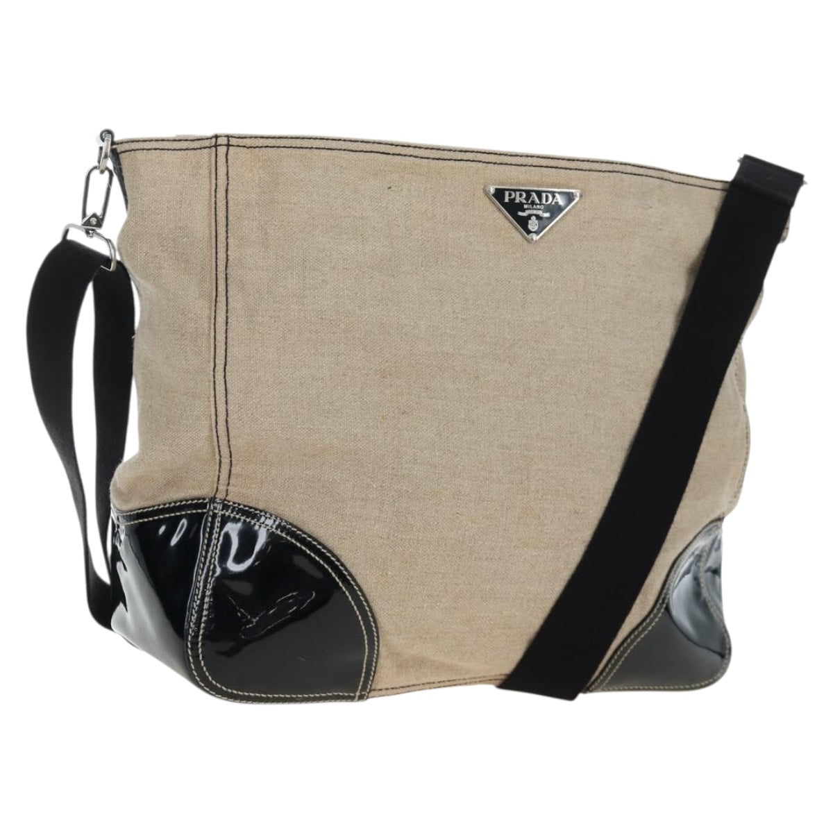 PRADA Shoulder Bag Canvas Beige Silver Auth 199929