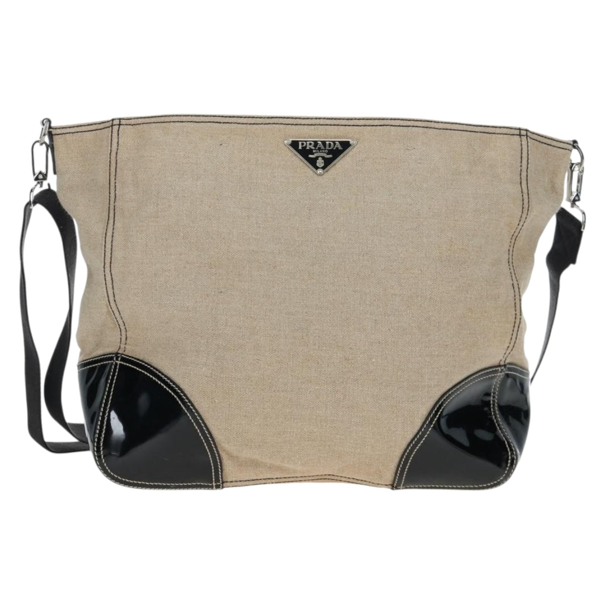 PRADA Shoulder Bag Canvas Beige Silver Auth 199929