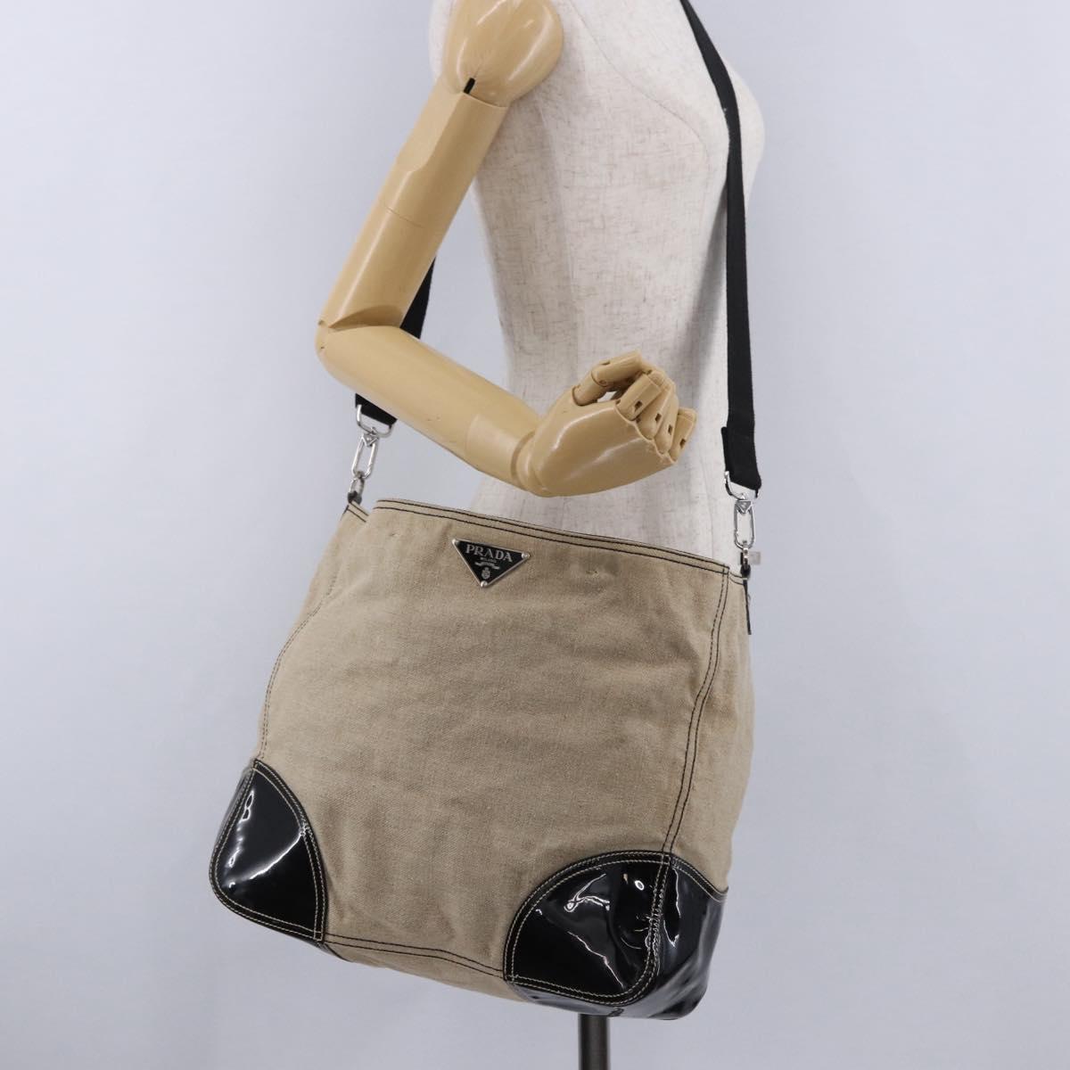 PRADA Shoulder Bag Canvas Beige Silver Auth 199929