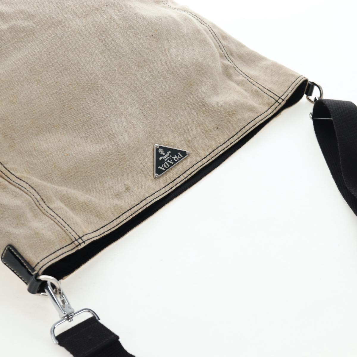 PRADA Shoulder Bag Canvas Beige Silver Auth 199929