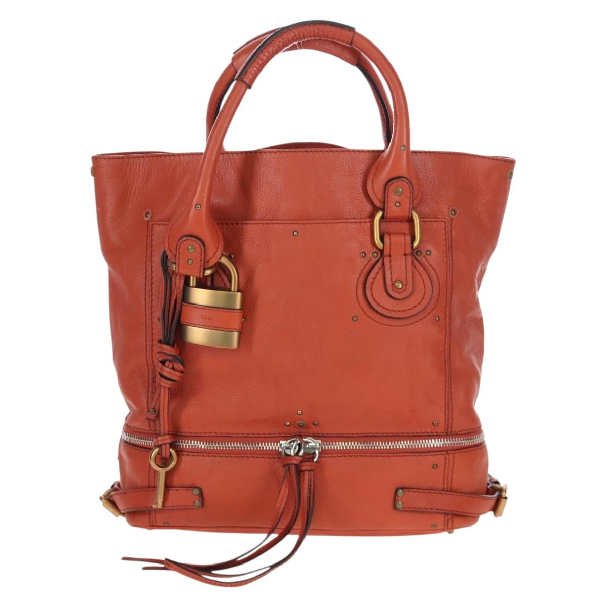 Chloe Paddington Tote Bag Leather Orange Gold Silver Auth 199949V