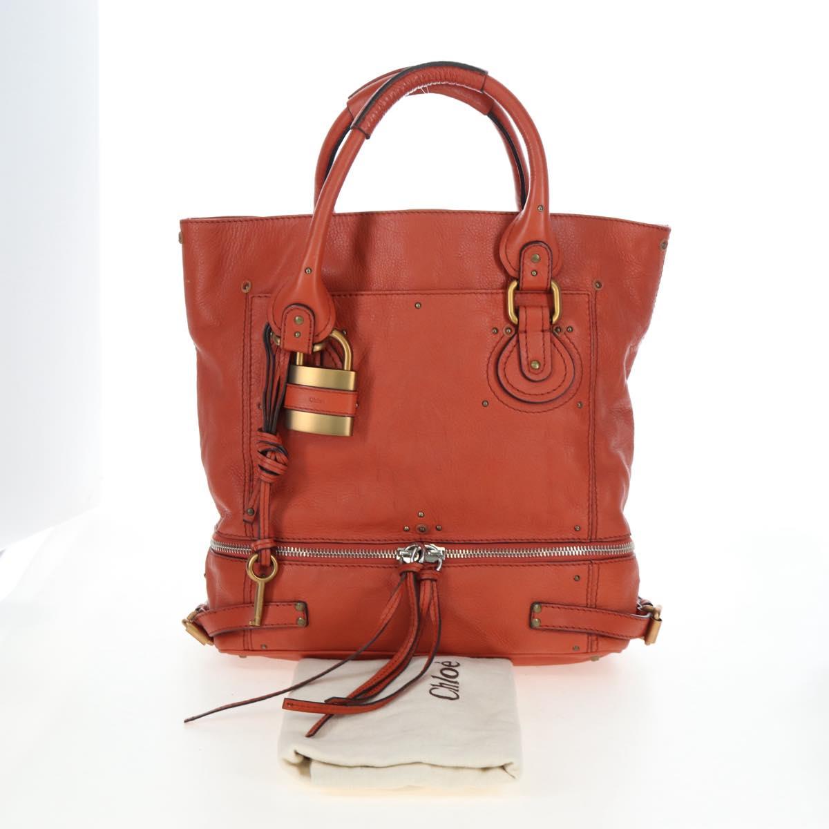 Chloe Paddington Tote Bag Leather Orange Gold Silver Auth 199949V