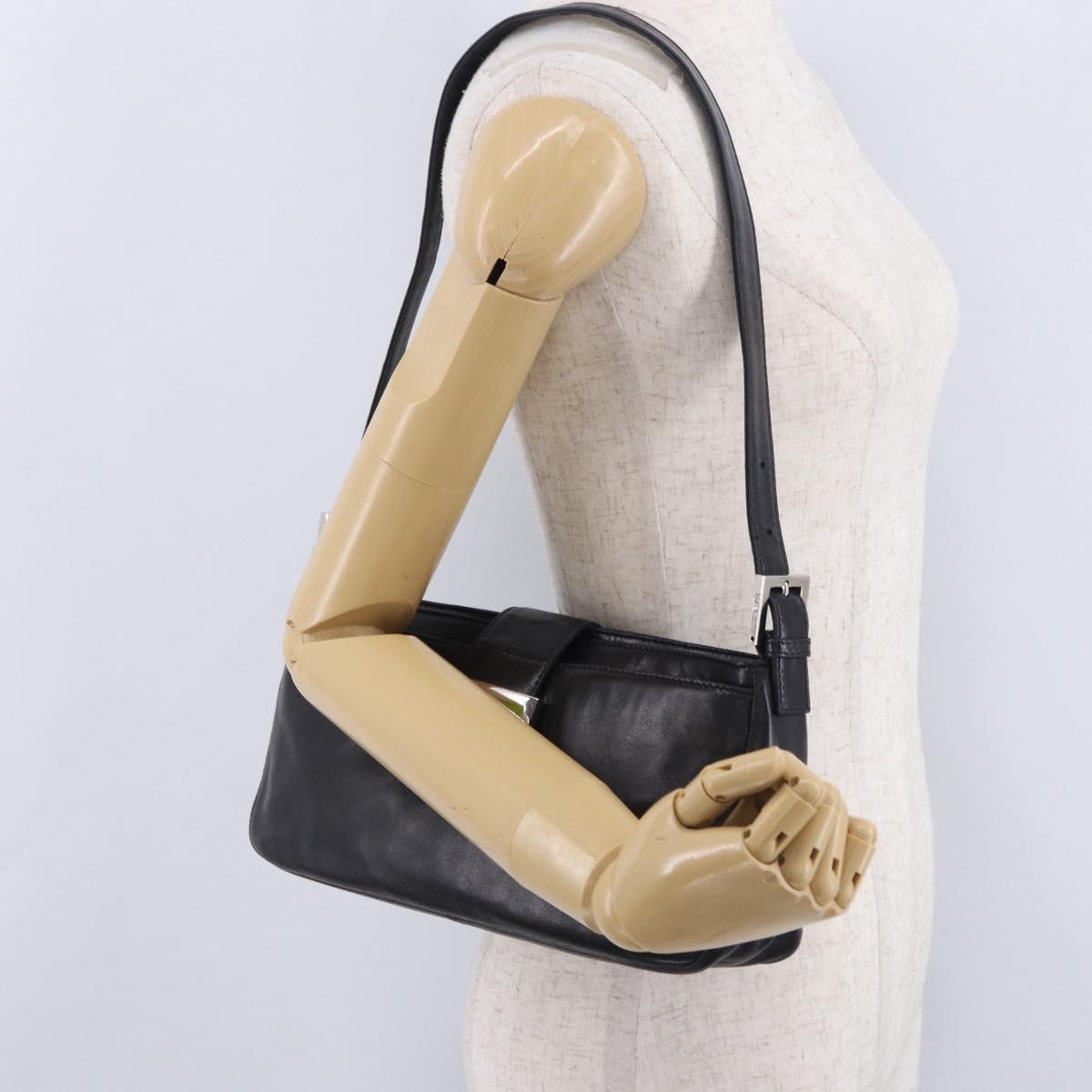 FENDI Mamma Baguette Shoulder Bag Leather Black Silver Auth 199954A