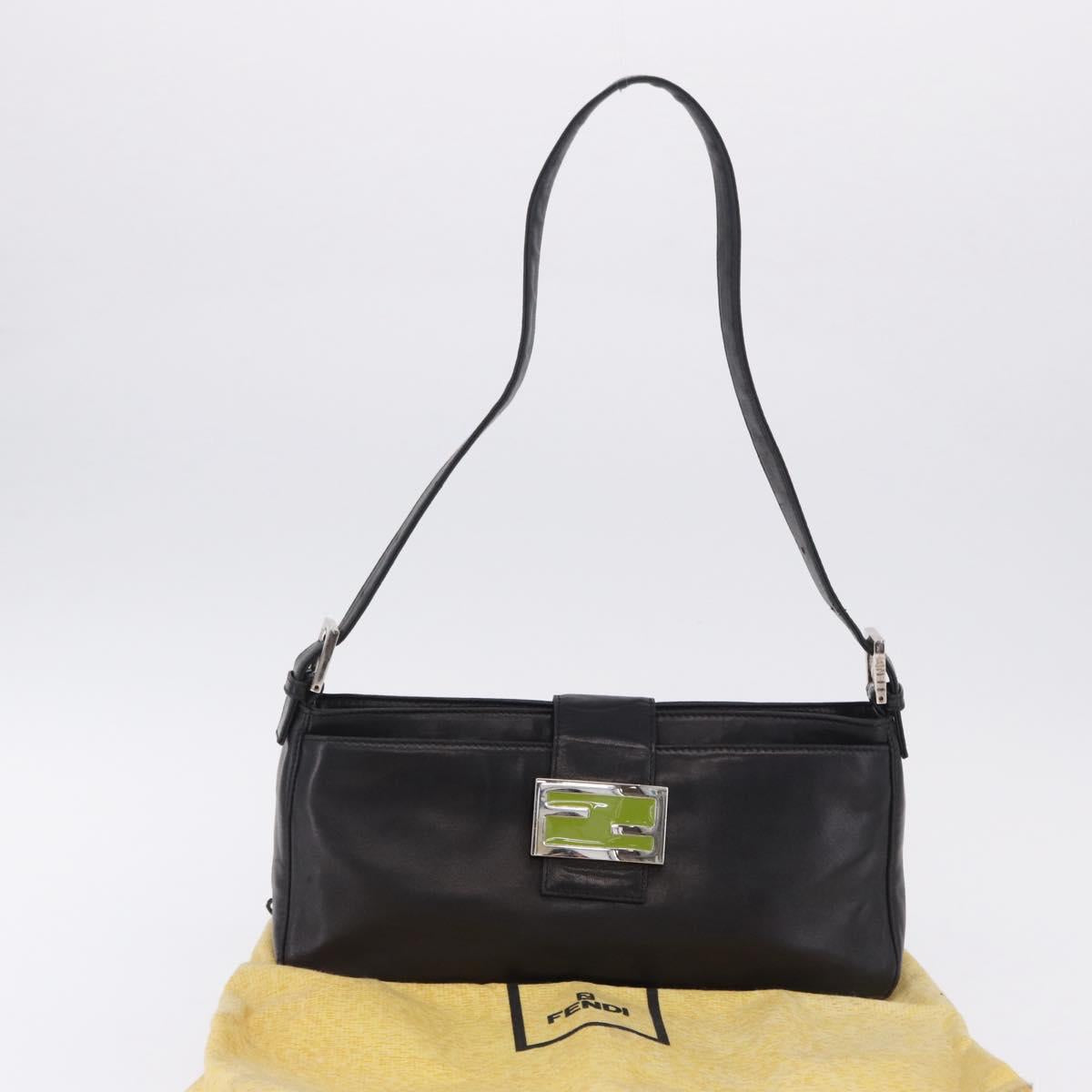 FENDI Mamma Baguette Shoulder Bag Leather Black Silver Auth 199954A