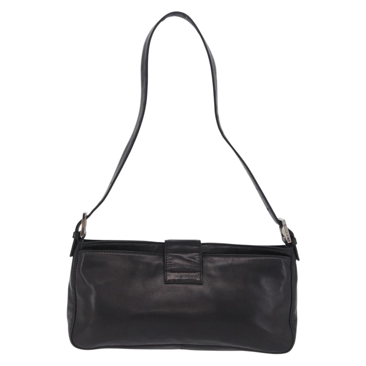 FENDI Mamma Baguette Shoulder Bag Leather Black Silver Auth 199954A
